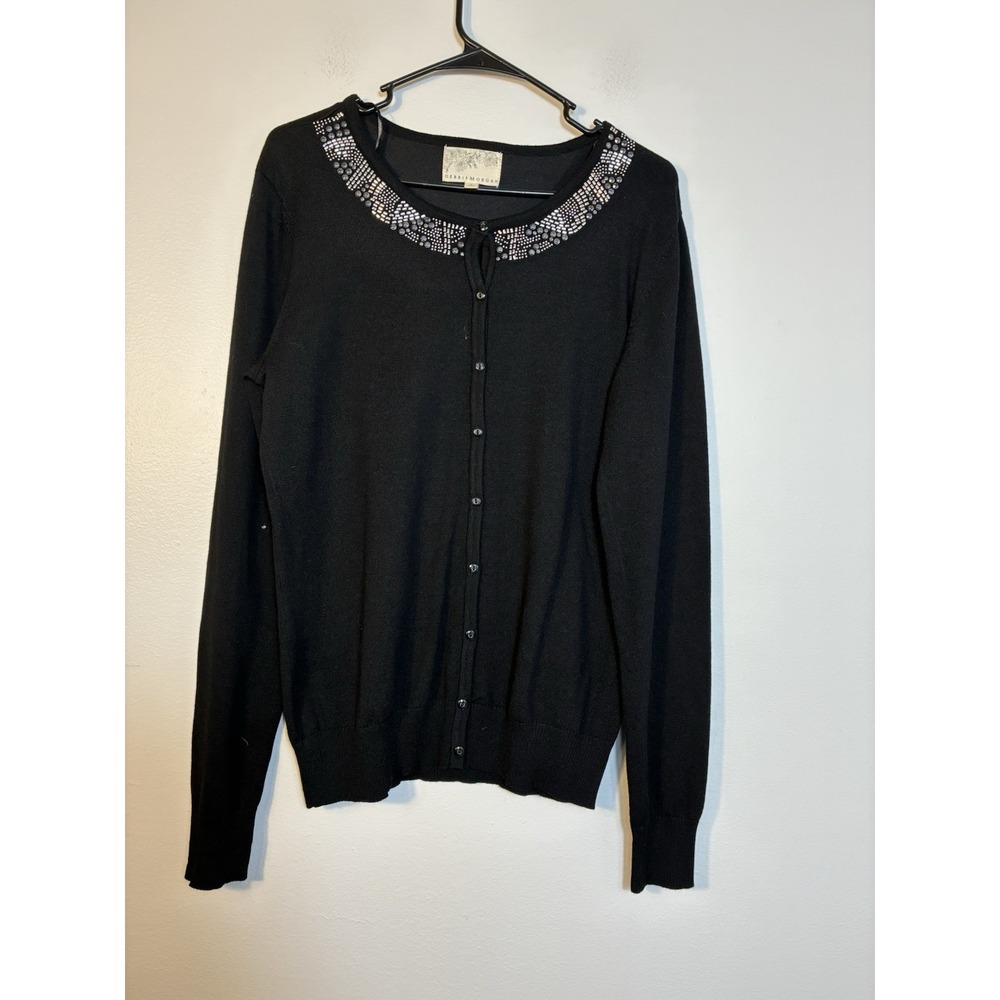Debbie Morgan‎ Cardigan Sz L Black Knit Button Front Preppy Dark Academia